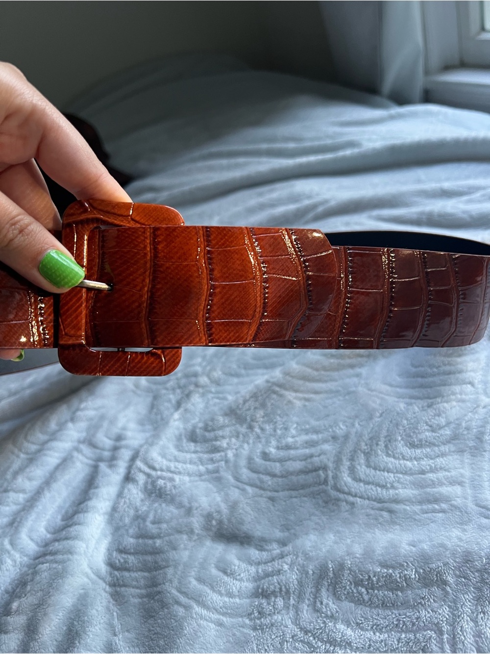 Women’s Croc-Embossed Wide Belt in Cognac Brown